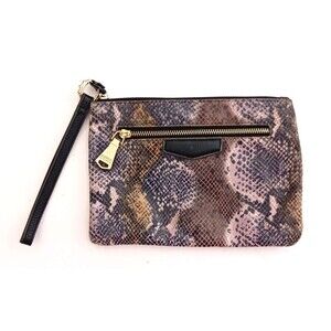 Aimee Kestenberg Pouch Clutch Wristlet Bag Python Print Leather Blk Trim 9.5X6.5
